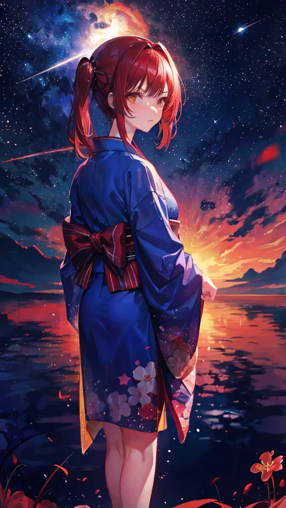 1girl, distant girl wearing a blue kimono staring at the stars, full red hair girl, pigtails and straight bangs hair, medium hair, yellow eyes, 13-year-old-girl (zoomed out:1.1), (meteor shower:1.2), (comet:1.1), your name, low angle, from behind, aroura borealis, shooting star, yukata, kimono, cherry blossoms, standing in a field, best quality, masterpiece, cloud, colorful, starry, stars,