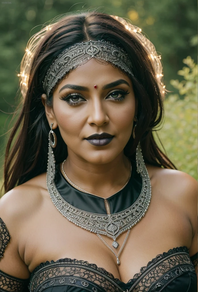 Looks like Nayanthara, milf, cougar lady witch, horny Gothic milf, 50 years old gorgeous mature lady, pervert demoness, demoness of lust, curvy, black lips, horny face, extremely gorgeous, thick figure, heavy physique, voluptuous, curvy, sexy figure, Fashionable portrait of androgynous alien looking witch wearing veil, glowing eyes, futuristic design, minimal details, givenchy, photoreal, 200mm, hd, f/ 2.0, highly detailed, surreal , drop dead, in the style of red and blue, (intricate details, hyperdetailed:1.15) (skin texture:1.2)