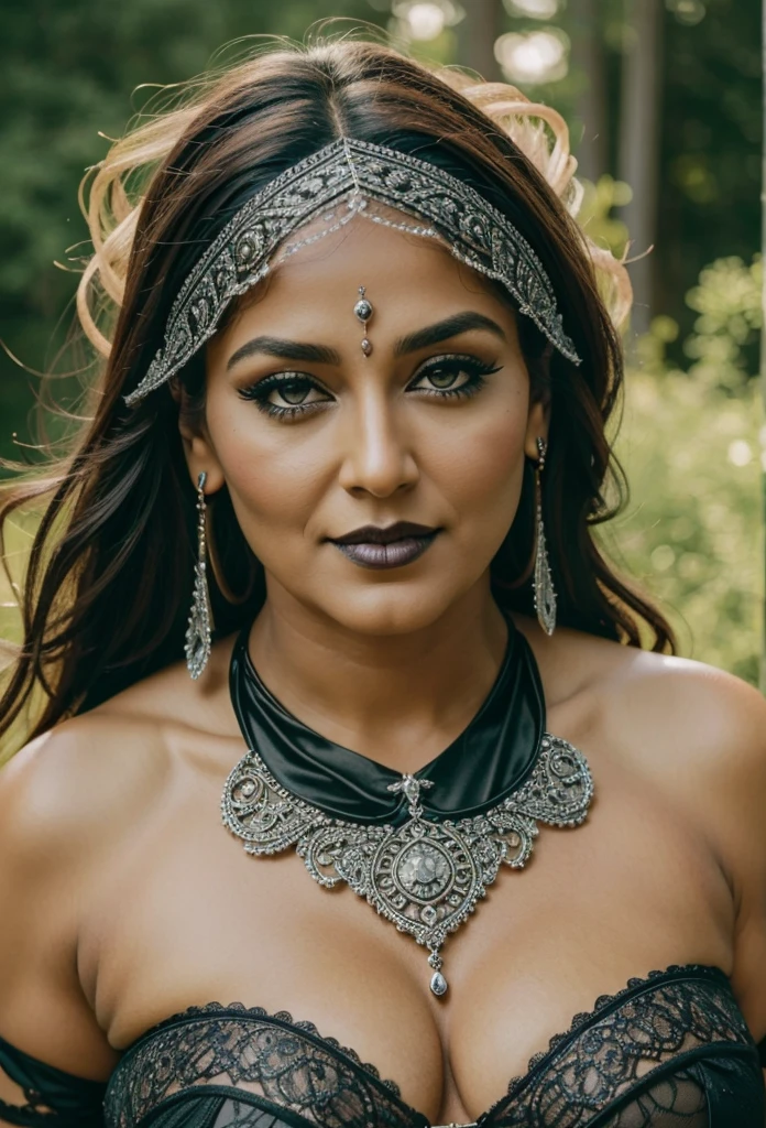 Looks like Nayanthara, milf, cougar lady witch, horny Gothic milf, 50 years old gorgeous mature lady, pervert demoness, demoness of lust, curvy, black lips, horny face, extremely gorgeous, thick figure, heavy physique, voluptuous, curvy, sexy figure, Fashionable portrait of androgynous alien looking witch wearing veil, glowing eyes, futuristic design, minimal details, givenchy, photoreal, 200mm, hd, f/ 2.0, highly detailed, surreal , drop dead, in the style of red and blue, (intricate details, hyperdetailed:1.15) (skin texture:1.2)