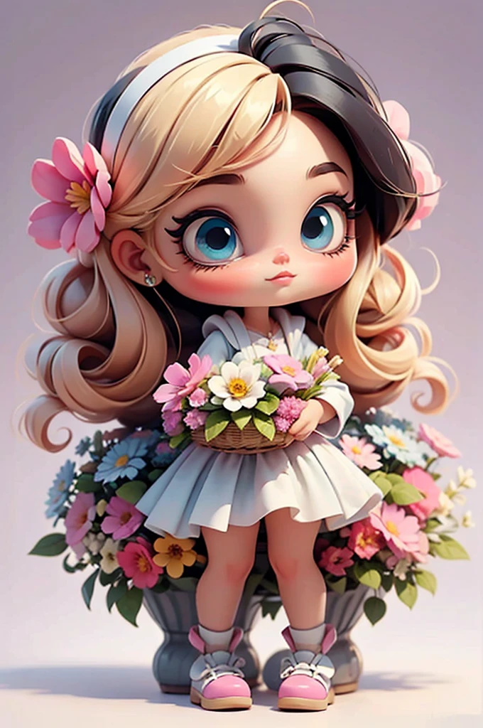 imagem de alta qualidade de uma boneca chibi Megan Fox: boneca chibi ,illustration,detalhes delicados,Pose encantadora,lovely expression,cores suaves,roupa bonita,cabelos intrincados,beautiful eyes and lips,melhor qualidade,ultra-detalhado,fotorrealista,vivid colors, solid background, profesional lighting, girly accessories, espressiva, headband flowers, blue eyes, ombre hair, long hair, basket of flowers in hands, lovely pose, black eyes, wearing a fairy outfit pastel colors glitter,, pink, and soft purple, exuberant, perfect, centered in the photo with a white background, nitid, fairy vibes, standing, pink flat shoes, vibrant, white background, black hair, hair blonde, black hair,
