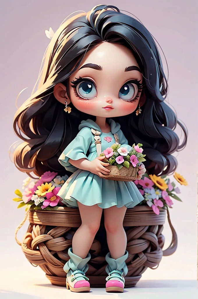 imagem de alta qualidade de uma boneca chibi Megan Fox: boneca chibi ,illustration,detalhes delicados,Pose encantadora,lovely expression,cores suaves,roupa bonita,cabelos intrincados,beautiful eyes and lips,melhor qualidade,ultra-detalhado,fotorrealista,vivid colors, solid background, profesional lighting, girly accessories, espressiva, headband flowers, blue eyes, ombre hair, long hair, basket of flowers in hands, lovely pose, black eyes, wearing a fairy outfit pastel colors glitter,, pink, and soft purple, exuberant, perfect, centered in the photo with a white background, nitid, fairy vibes, standing, pink flat shoes, vibrant, white background, black hair, hair blonde, black hair,
