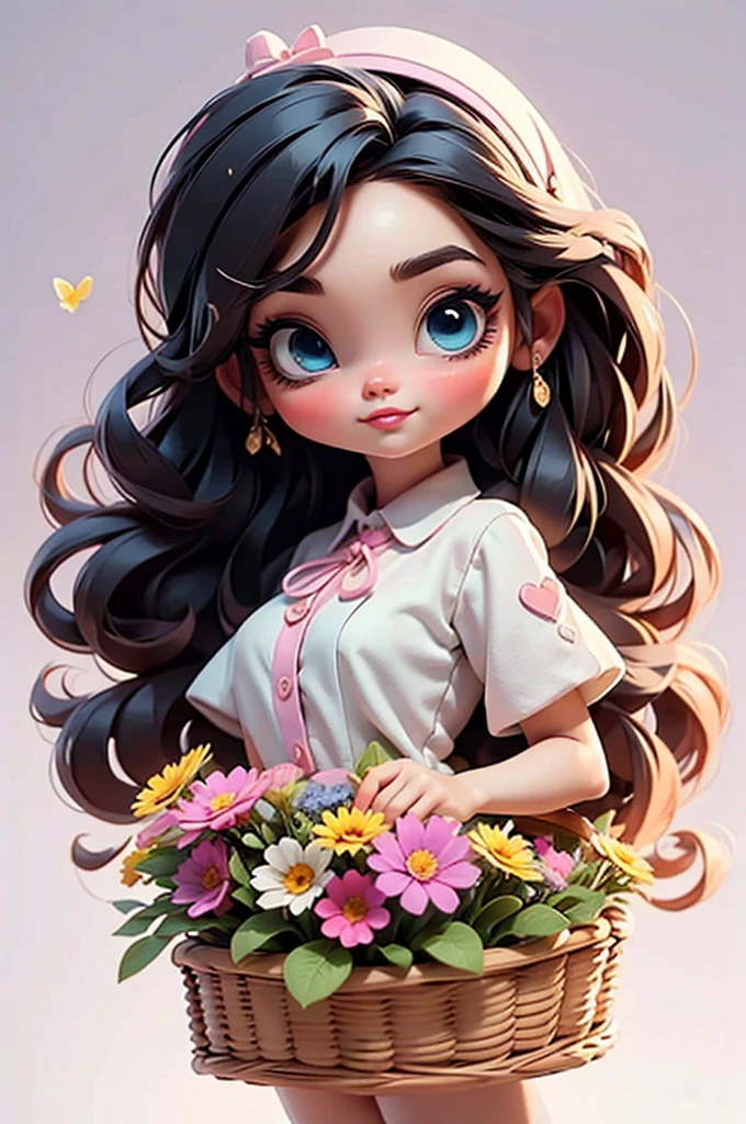 imagem de alta qualidade de uma boneca chibi Megan Fox: boneca chibi ,illustration,detalhes delicados,Pose encantadora,lovely expression,cores suaves,roupa bonita,cabelos intrincados,beautiful eyes and lips,melhor qualidade,ultra-detalhado,fotorrealista,vivid colors, solid background, profesional lighting, girly accessories, espressiva, headband flowers, blue eyes, ombre hair, long hair, basket of flowers in hands, lovely pose, black eyes, wearing a fairy outfit pastel colors glitter,, pink, and soft purple, exuberant, perfect, centered in the photo with a white background, nitid, fairy vibes, standing, pink flat shoes, vibrant, white background, black hair, hair blonde, black hair,
