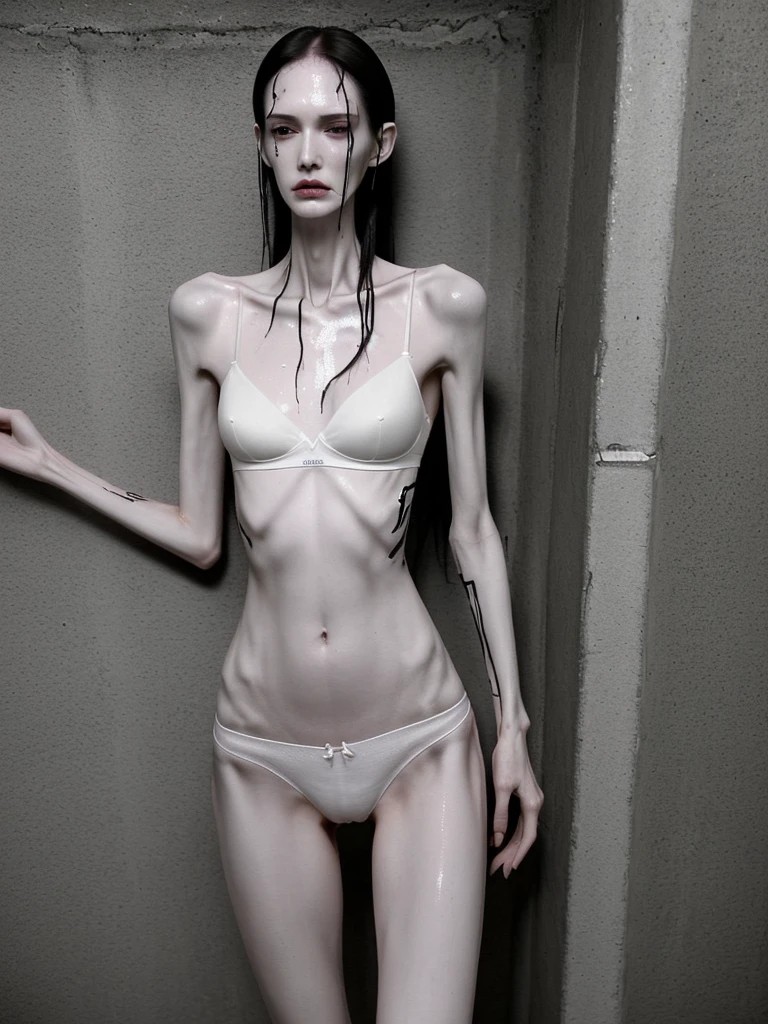a woman, very thin body, body visible bones, very slender, sweaty wet body, pale white skin, panties, bra,tatto, full body, has a mental breakdown in an underground prison