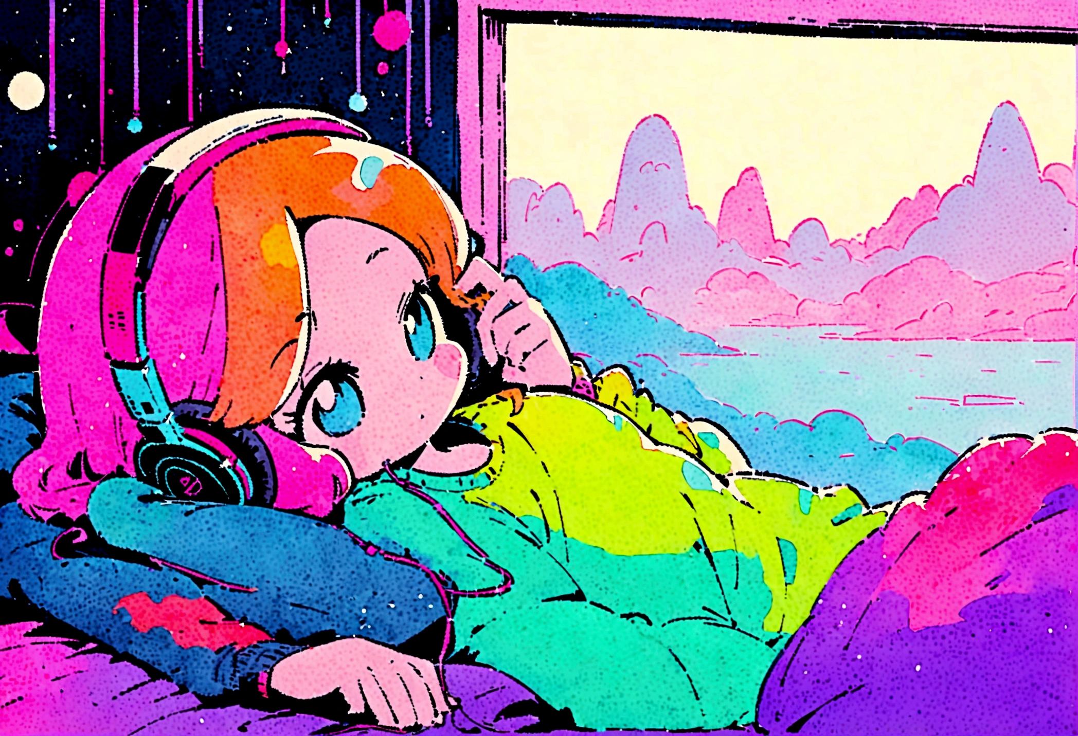 (zero), Girl listening to music in room,Lying in bed, Wear headphones, , night lighting, Neon scenery on a rainy day,Analog Color Theme, Lo-fi Hip Hop , review, flat, 2.5D ,Draw a line, Ink painting, Large slope, Watercolor, Goosh Colors, Studio Ghibli style, Great colorful, Outerton, Synthwave, Lofi Art,90s Style,Old Texture, amplitude,90s vibe, Tabletop, Great technology, 16:9 Scale
