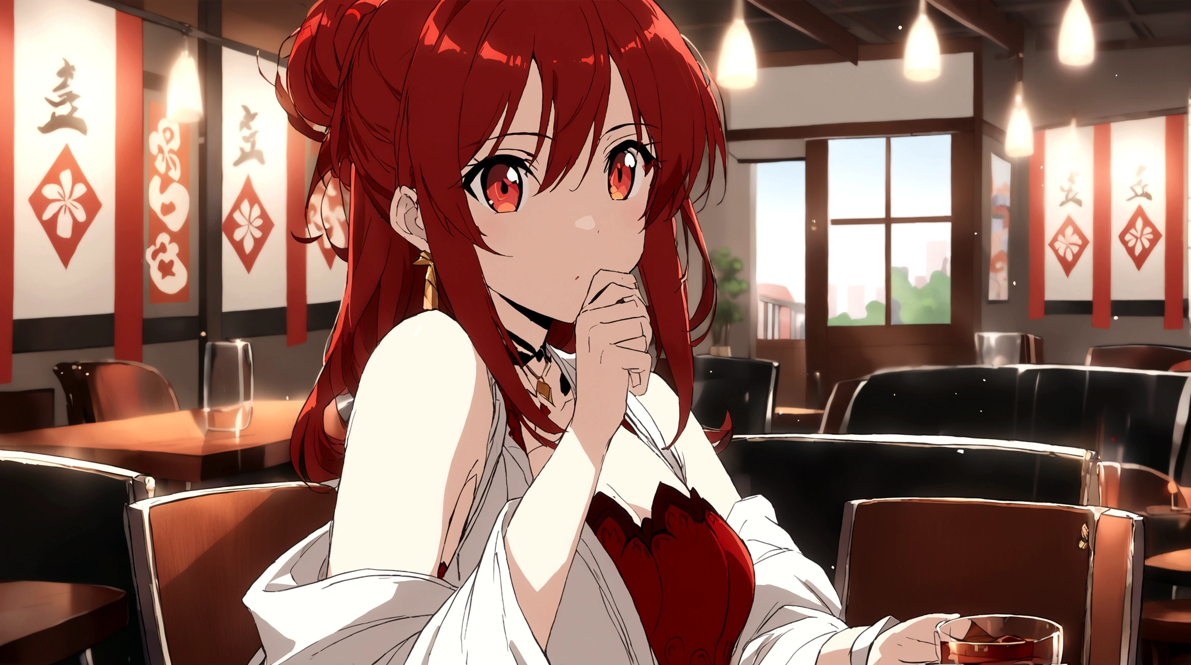 1 woman, japanese clothes ,red long hair, RED AND GOLD eyes (RED & GOLD), wallpaper, landscape, wuthering waves style, peitos grandes ((grandes peitos)), skirt, thighhighs, ((masterpiece)), ((anime style)), (wuthering waves aesthetic), she is working at tour PC
