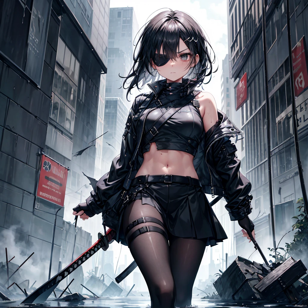 ((Highest quality)), ((masterpiece)), (detailed), A beautiful black-haired girl with an eye patch covering her left eye and a katana, in a dynamic fighting pose, looking down at the viewer with an emotionless expression. She is in a desolate cityscape, heavily damaged and partially flooded by the relentless rain. The girl is dressed in a black leather jacket, a crop top, a mini skirt, and black pantyhose, all of which are heavily torn and tattered, showing signs of intense and brutal battles. The eye patch is a black, leather patch securely fastened over her left eye with a thin, but sturdy strap. The rain pours down hard, creating a dramatic and tense atmosphere, with flashes of lightning illuminating the dark clouds and the ruins around her. The reflections in the puddles on the ground and the glistening water on her clothes add to the realism and intensity of the scene.