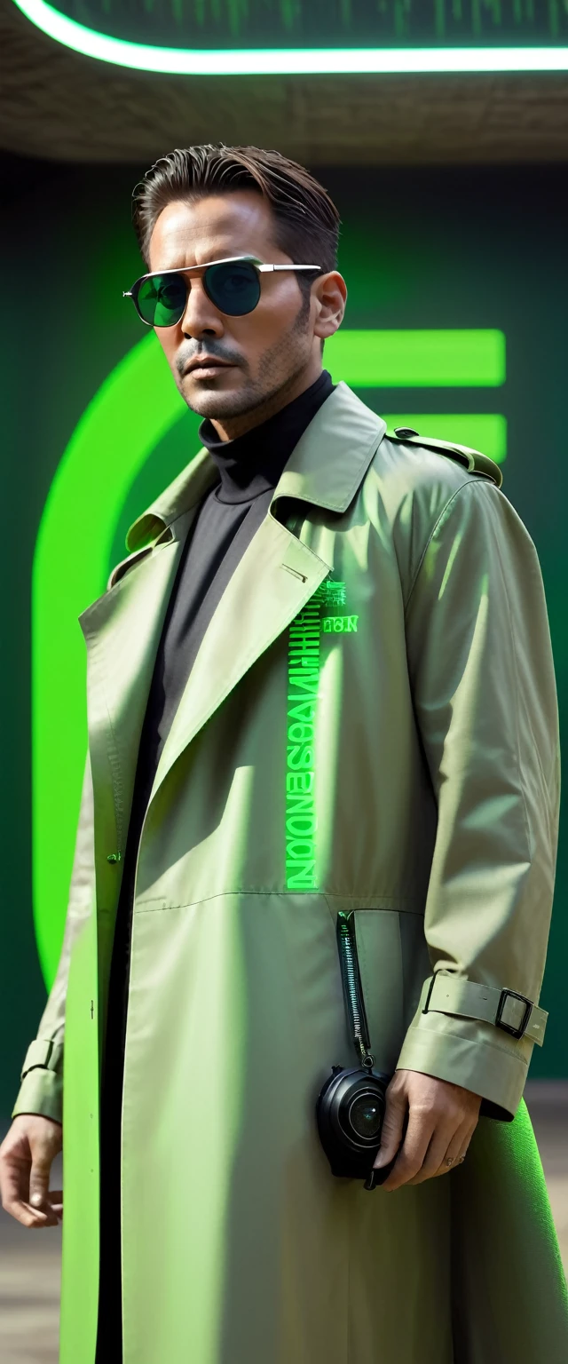 Generate a half-body portrait of a man wearing sunglasses, vestido com um trench trench coat de couro que lembra os personagens de 'Matrix', against a backdrop of cascading fluorescent green letters, in the style of the film. Pay meticulous attention to (((details Intricate))) like sunglasses, trench coat, and the texture of the cascading letters. ambition ((extreme quality of details)) to capture the essence of the 'Matrix' aesthetic. Create a sophisticated ((Complex composition)) which conveys the film's iconic cyberpunk atmosphere.