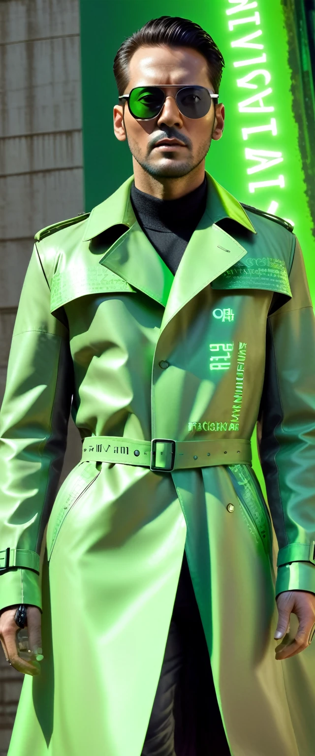 Generate a half-body portrait of a man wearing sunglasses, vestido com um trench trench coat de couro que lembra os personagens de 'Matrix', against a backdrop of cascading fluorescent green letters, in the style of the film. Pay meticulous attention to (((details Intricate))) like sunglasses, trench coat, and the texture of the cascading letters. ambition ((extreme quality of details)) to capture the essence of the 'Matrix' aesthetic. Create a sophisticated ((Complex composition)) which conveys the film's iconic cyberpunk atmosphere.