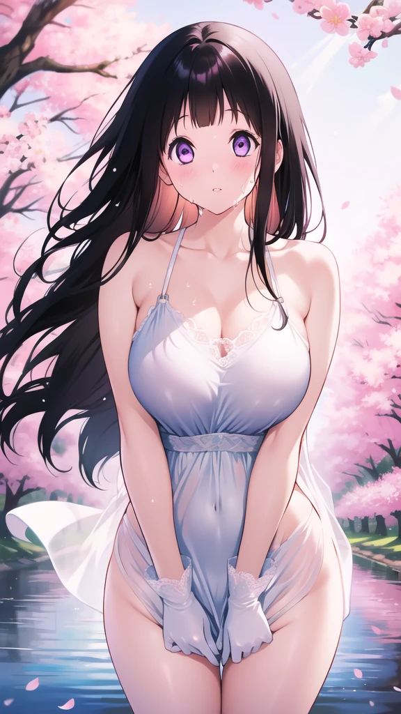 Amazing Chitanda, There is only one beautiful girl，Purple Eyes, Black Hair, Very red face，Very white skin，Glowing skin，Skin as delicate as porcelain，Naturally straight hair, Straight bangs，Extremely refined，Open lips，Long flowing hair，Beautiful Girl, Like a dream，Slim，Slim waist，Soft, (Sensual), (Kawaii), Dream quality，Beautiful big breasts，Sheer loose dress，Areola，Completely naked，Lower edge of breast，White gloves，Flower decoration，Deep V neckline，Loose neckline，Wide neckline，In school，The wind blows the hair，Place your hands on your inner thighs，Thighs clamp hands，Wet skin，Sweaty and sweaty，Sweating all over，it is raining，Next to the cherry blossom trees，Back to，Lean over，Hips，Side body，Gluteal groove，Completely naked的臀部，Bare back，Completely naked的背部，Light transmission，（no pants），nopan，pussy juice，Bare shoulders，There are no shoulder straps，Bare neck，Exposed collarbone，Exposing breasts，Exposing breasts侧面，Exposing breasts下面，Show your waist，Show your buttocks，Show your thighs，Exposing the groin，（No pants），extremely shy，Ultra-high resolution, (masterpiece:1.2, best quality), (Delicate and beautiful eyes: 1.2), (Beautiful and delicate face)