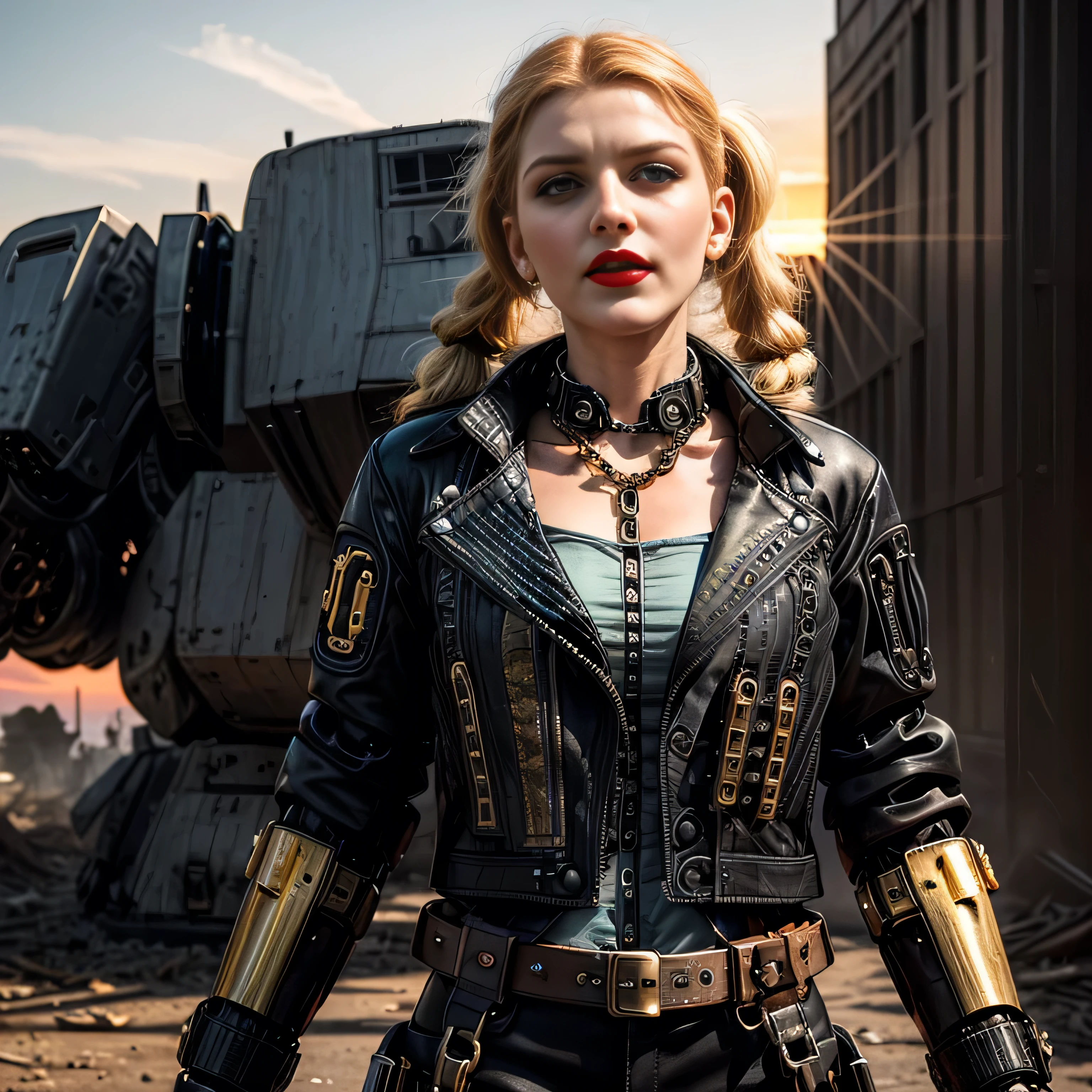 ((masterpiece, photorealistic:1.4, extremely intricate:1.3, photon mapping, radiosity, physically based rendering, ultra resolution, hyper-realistic, photorealistic:1.4, hyper-realistic, 8K)), ((((athletic female assassin, long pigtails windy [blonde hair:bright ginger hair:0.4], (([flat chest:medium breasts:0.8])), ((makeup:1.2, perfectchainmail, gold steampunk, black jacket), red lips, bright sunlight, sunset, silk shirt))))), outdoors, metal reflections, ((((futuristic apocalyptic city destroyed)))), professional photograph, soft focus, dramatic, award winning, cinematic lighting, volumetrics dtx, (film grain, blurry background, blurry foreground, bokeh, depth of field), BREAK; BREAK, (((faraway black mecha Battlemech Dreadnaught Titan)))
