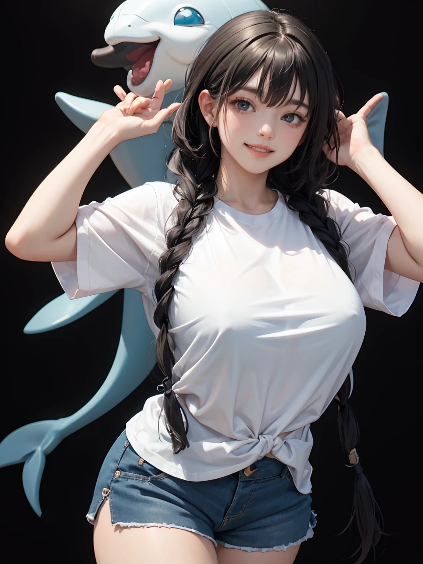 detailed eyes , huge breasts , braided hairstyle , portrait , white t-shirt , dolphin shorts , black background , black hair , smile , black eyes