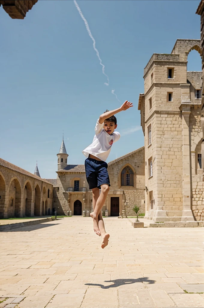              Boy levitating inside a medieval French castle