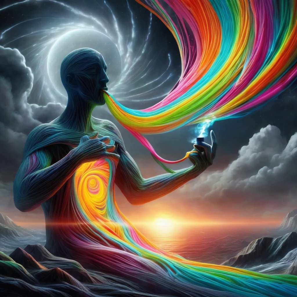 A dmt entity smoking a pipe made of flowing, thread-like fluorescent neon material pulls itself apart from the torso revealing a breathtaking cartoon dreamlike landscape bathed in the gray light of sunset that is vortexing into a dream spiral. The contrast between the dark, ethereal form and the vivid bright colours, open expanse beyond evokes a sense of revelation and transformation. This striking image captures the unveiling of hidden beauty and emergence of inner worlds.