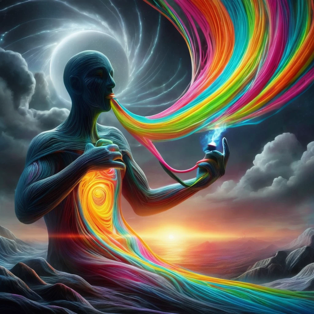 A dmt entity smoking a pipe made of flowing, thread-like fluorescent neon material pulls itself apart from the torso revealing a breathtaking cartoon dreamlike landscape bathed in the gray light of sunset that is vortexing into a dream spiral. The contrast between the dark, ethereal form and the vivid bright colours, open expanse beyond evokes a sense of revelation and transformation. This striking image captures the unveiling of hidden beauty and emergence of inner worlds.