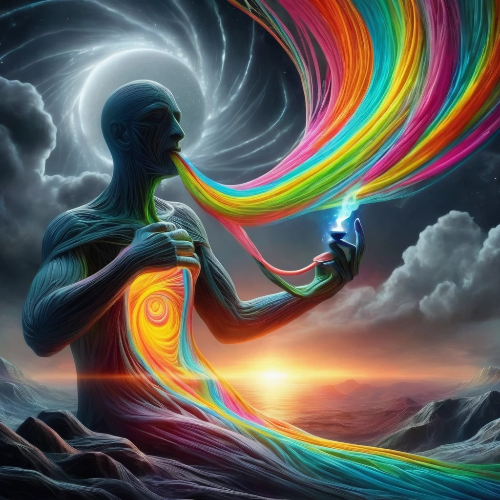 A dmt entity  smoking a pipe made of flowing, thread-like fluorescent neon material pulls itself apart from the torso revealing a breathtaking cartoon dreamlike landscape bathed in the  gray light of sunset that is vortexing into a dream spiral. The contrast between the dark, ethereal form and the vivid bright colours, open expanse beyond evokes a sense of revelation and transformation. This striking image captures the unveiling of hidden beauty and emergence of inner worlds.