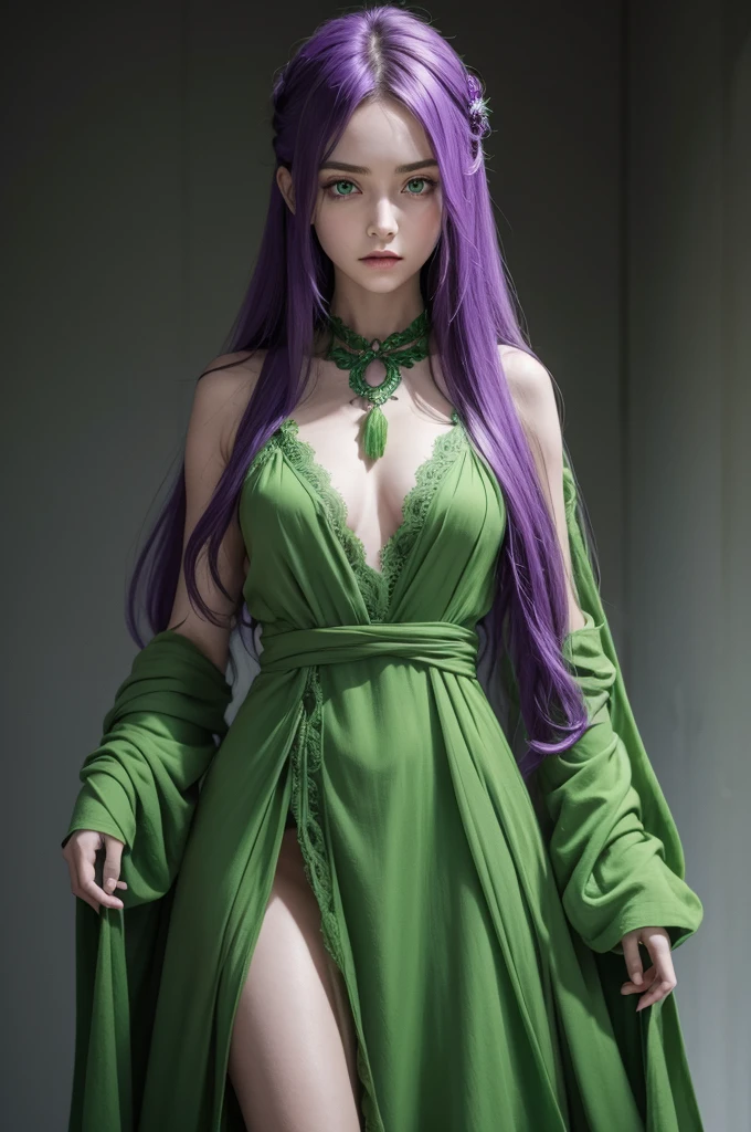 Amusingly disgusting character alone with green skin, long hair and green eyes, green dress and a purple scarf around the neck 
