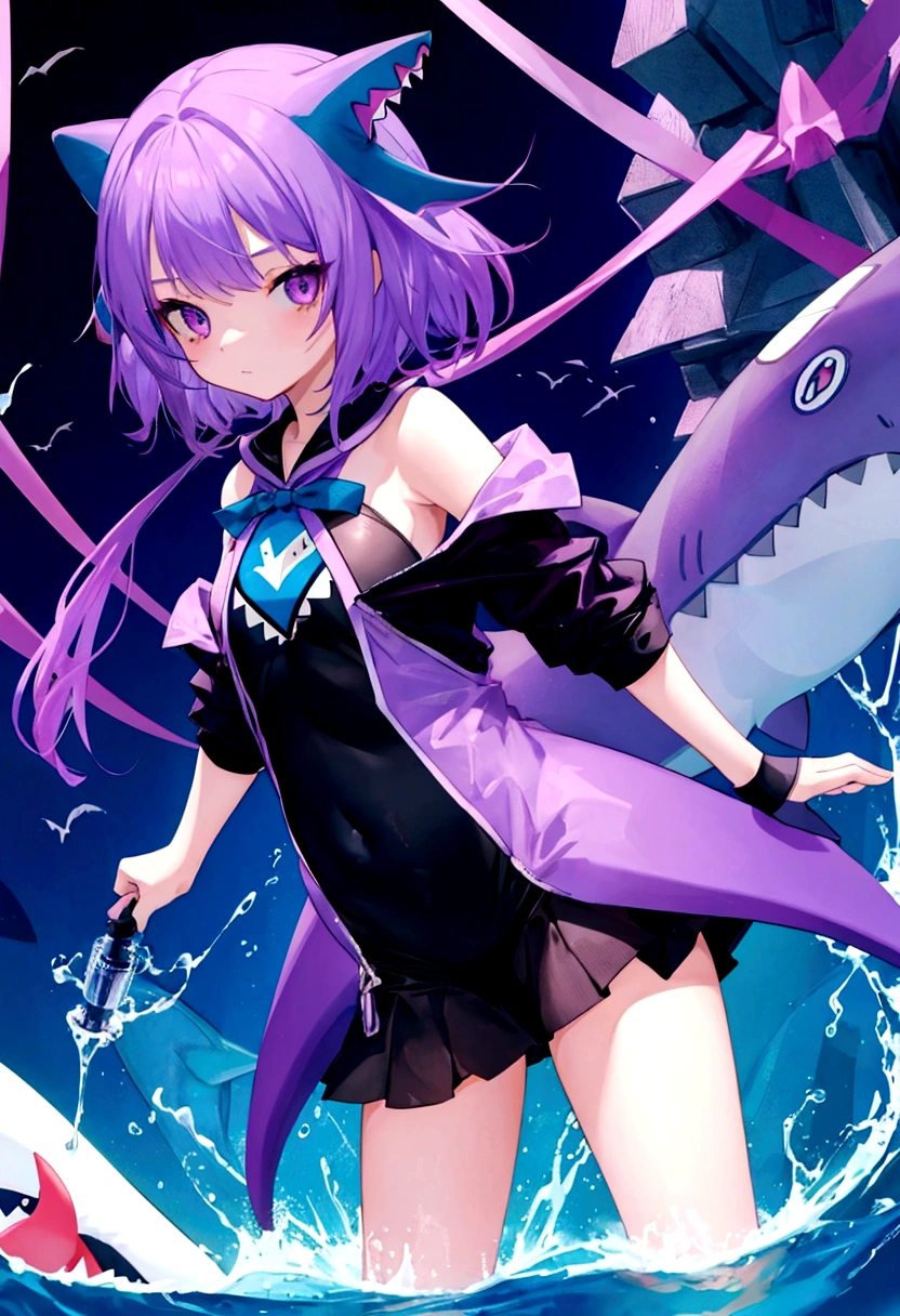 cute girl in full body shark costume, teenager, purple color, hime haircut, short body, shark eyes, stockings on thighs