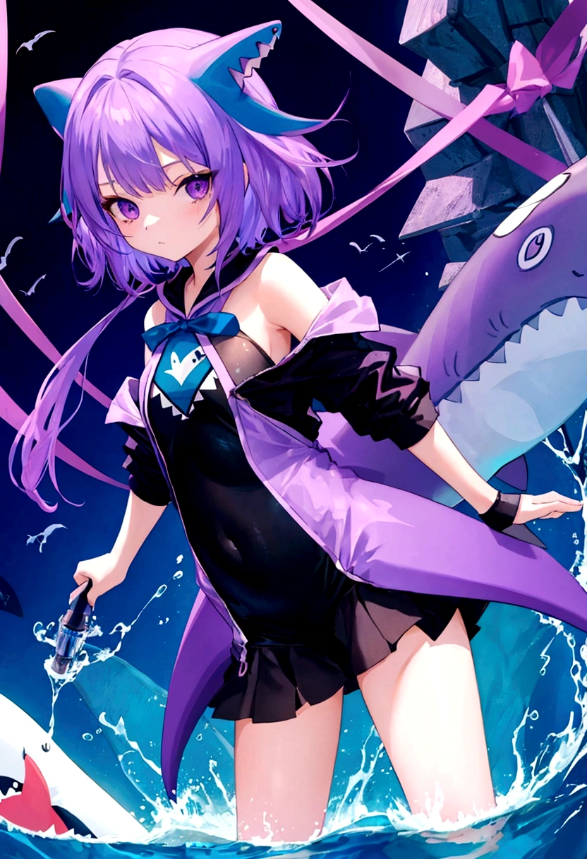 cute girl in full body shark costume, teenager, purple color, hime haircut, short body, shark eyes, stockings on thighs