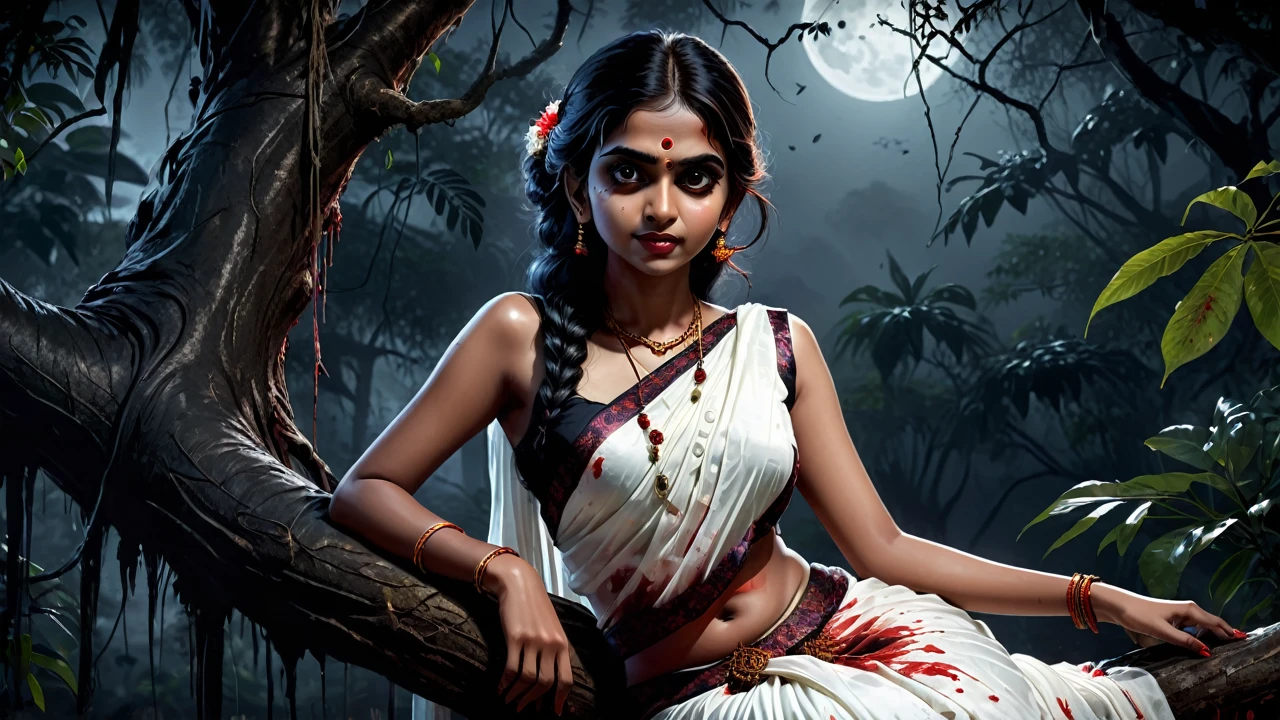 (dark jungle black night ambience) (horror dark effect) (full body) a beautiful indian beautiful ghost girl wearing sleeveless white blood stained saree, (big but covered) sitting on a tree branch, scary bloody face, cruel smiling expression, seductive, detailed face, detailed eyes, detailed lips, 8k, high quality, physically-based rendering, horror, dark fantasy