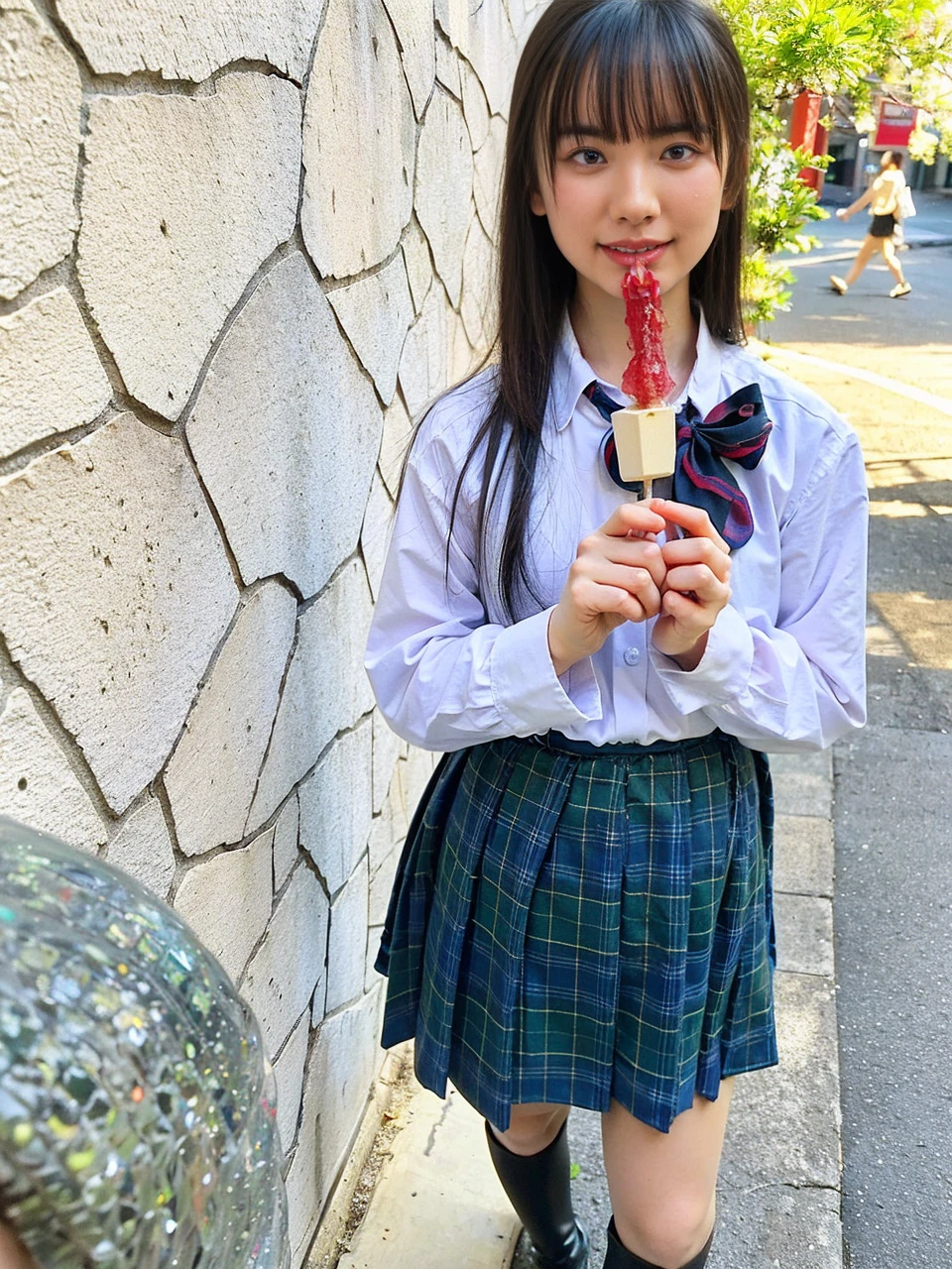 There is a woman sitting and eating something., realistic Young Gravure Idol, Portrait of a Japan teenager, wearing japanese school uniform, japanese , Young Gravure Idol, Young and cute gravure idol, of a youthful Japanese Girls, shikamimi, Japanese Girls , Chiho, Young Sensual Gravure Idol, having a snack, cute 