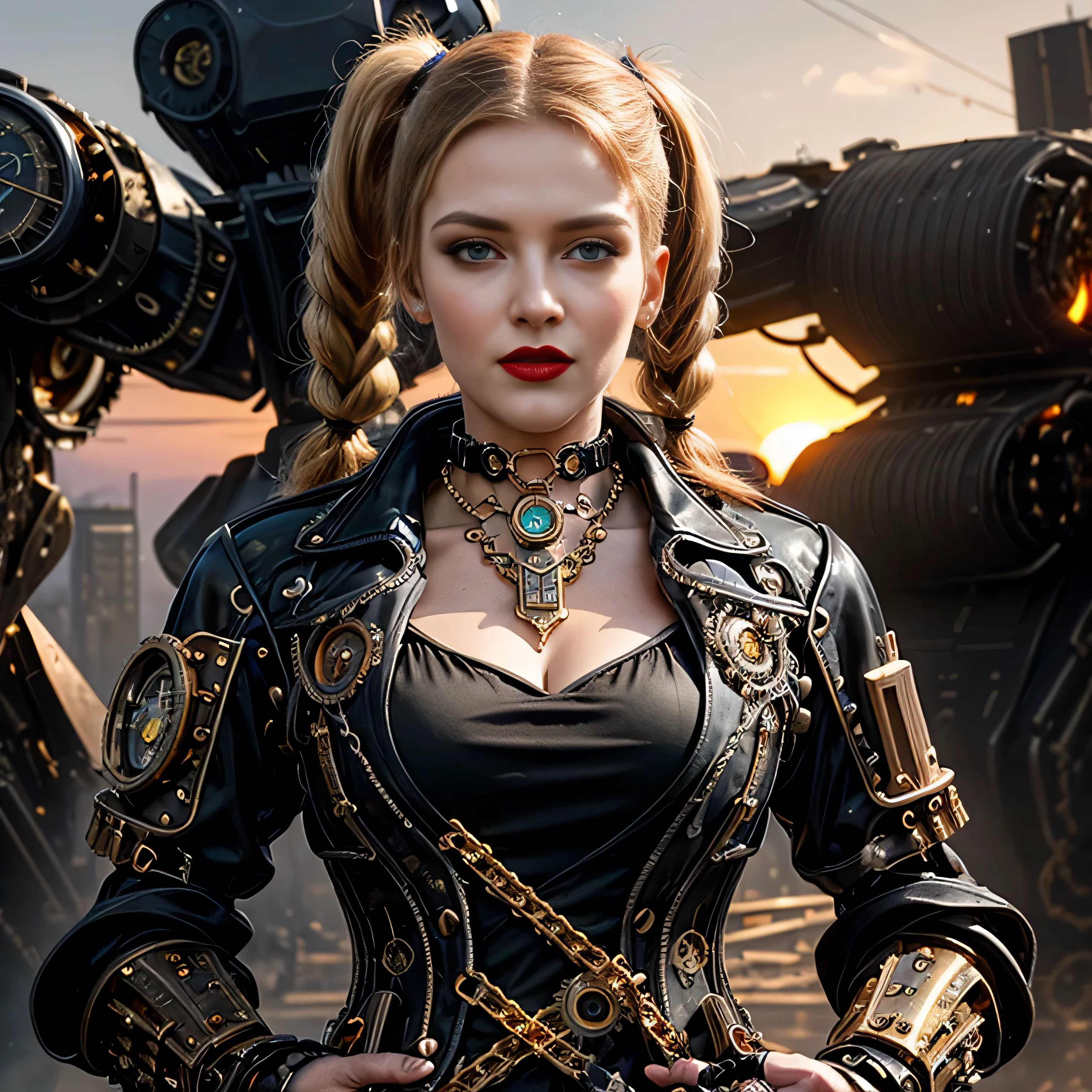 ((masterpiece, photorealistic:1.4, extremely intricate:1.3, photon mapping, radiosity, physically based rendering, ultra resolution, hyper-realistic, photorealistic:1.4, hyper-realistic, 8K)), ((((athletic female midbody, long pigtails windy [blonde hair:bright ginger hair:0.4], (([flat chest:medium breasts:0.8])), ((makeup:1.2, perfectchainmail, gold steampunk, black jacket), red lips, bright sunlight, sunset, silk shirt))))), outdoors, metal reflections, ((((futuristic apocalyptic city destroyed)))), professional photograph, soft focus, dramatic, award winning, cinematic lighting, volumetrics dtx, (film grain, blurry background, blurry foreground, bokeh, depth of field), BREAK; BREAK, (((faraway black mecha Battlemech Dreadnaught Titan)))

