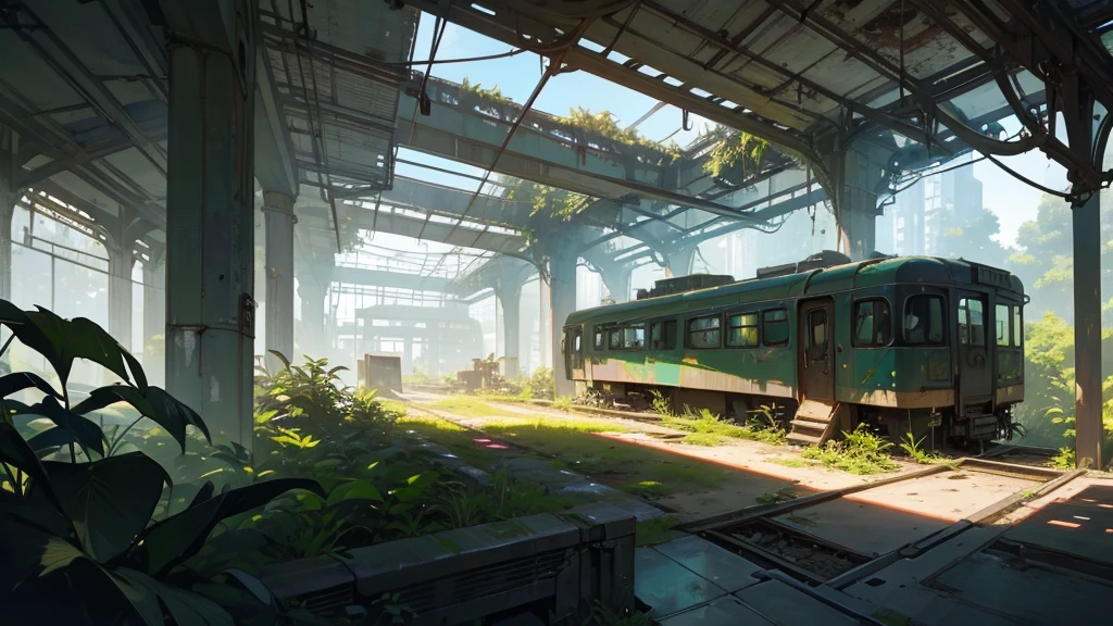 a futuristic abandoned train station reception, overgrown with plants, cyberpunk architecture, high angle view, detailed environment, intricate details, moody lighting, dramatic shadows, vibrant colors, advanced technology, decaying structures, nature reclaiming the space, best quality, 8k, highres, masterpiece, hyper detailed, photorealistic