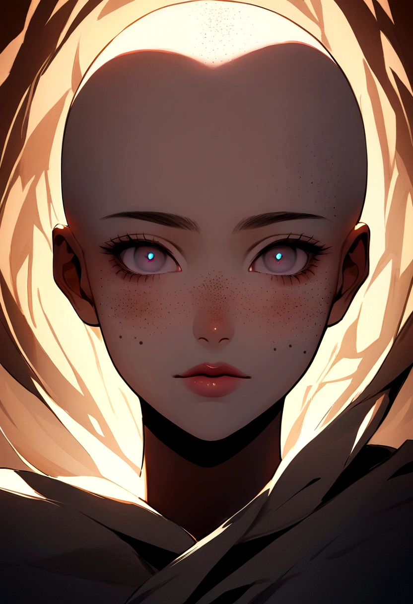 Portrait of a bald European woman with a distinctive mole on her right cheek and scattered freckles across her face. She has dark, evasive eyes that seem to look away from the viewer, adding a mysterious aura to her expression. The background is blurred to emphasize her intriguing and somewhat elusive demeanor. The lighting is soft and natural, highlighting the unique texture of her skin and the subtle interplay of shadows on her face.