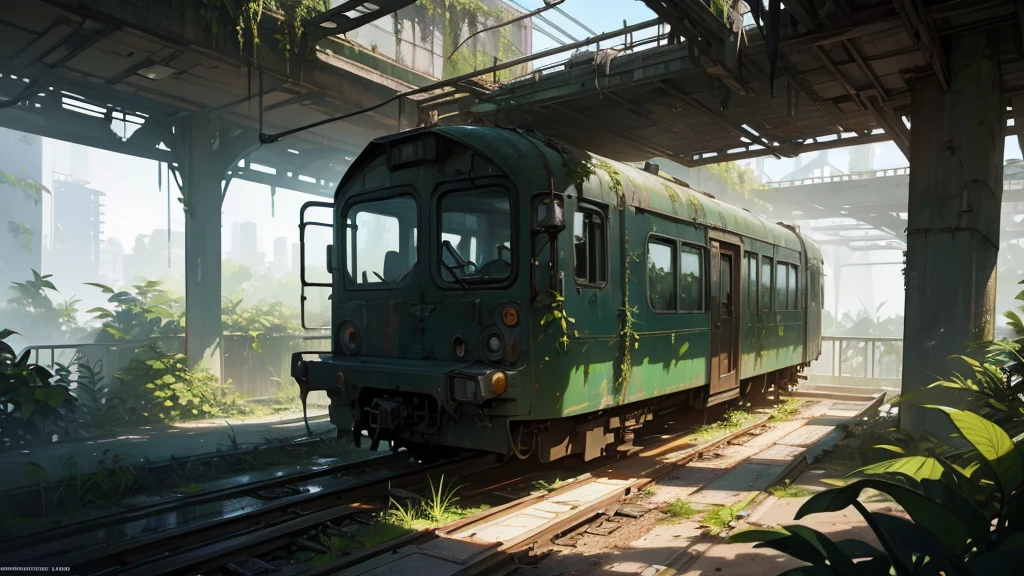 a futuristic abandoned train station reception, overgrown with plants, cyberpunk architecture, high angle view, detailed environment, intricate details, moody lighting, dramatic shadows, vibrant colors, advanced technology, decaying structures, nature reclaiming the space, best quality, 8k, highres, masterpiece, hyper detailed, photorealistic