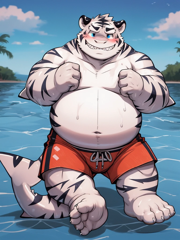 (New Jersey 5) anthro, White Tiger ,Chubby,Fat,Thick arms,) Rugged muscles,(((White skin))),Solitary,Chubby Face,Sky blue eyes,(sweat),(smirk:1.2),(White Tiger is blushing as he sniffs Other Shark's big feet)
BREAK
(anthro Other Shark, smirk),(no t-shirt),(swim trunks),(Other Shark is blushing enjoying White Tiger sniffing his feet),(Bedroom night),(panorama:1.2),