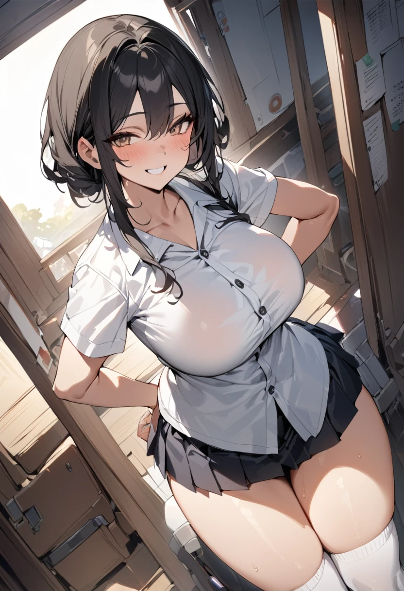 (((masterpiece, best quality, materia)))), 1 girl,alone, young Brazilian woman (19 years old, Natural and long black hair (Length to hip height)) Dressed in Japanese school(( white button short shirt,Mini pleated skirt,Alloy white T-shaped, socks skin color(Light brown)))), huge breasts, beautiful girl,bright smile