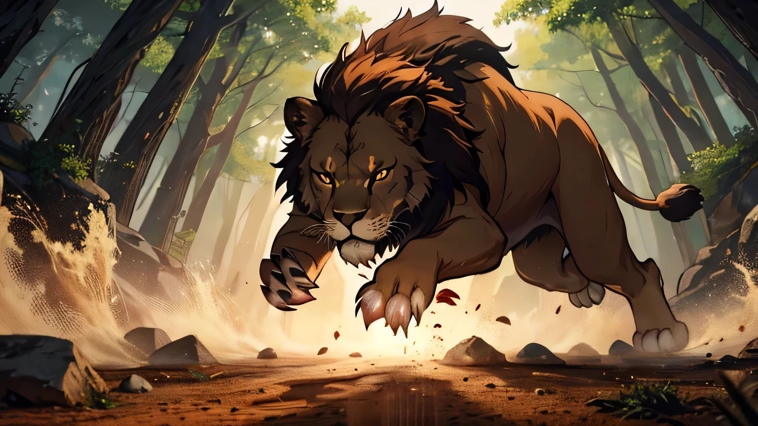 motion scene of lion paw with claws attacking in the air with violence, dark and mysterious forest background
