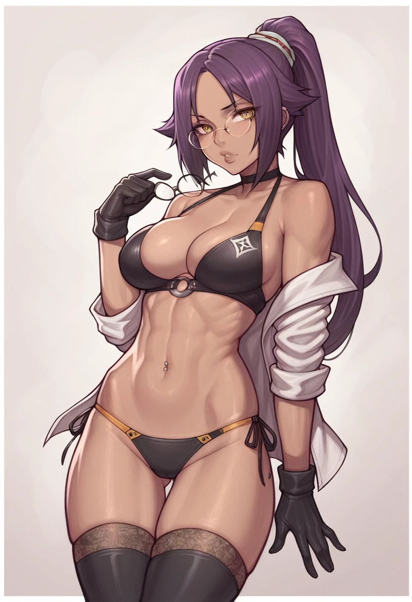 _asura style, 1girl, yoruichi shihouin, breasts, solo, glasses, thighhighs, gloves, navel, navel_piercing, swimsuit, bikini, short_hair, piercing, round_eyewear, black_gloves, cleavage, open_clothes, hair_ornament, pink_thighhighs, medium_breasts, lace_trim, lips