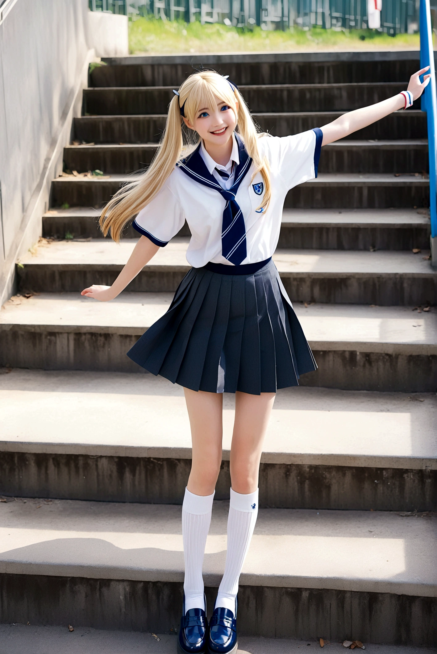 1girl, solo, long hair, looking at viewer, smile, open mouth, blue eyes, skirt, blonde hair, hair ornament, school uniform, full body, :d, pleated skirt, shoes, serafuku, socks, hairclip, outstretched arms, white socks, loafers, stairs, spread arms