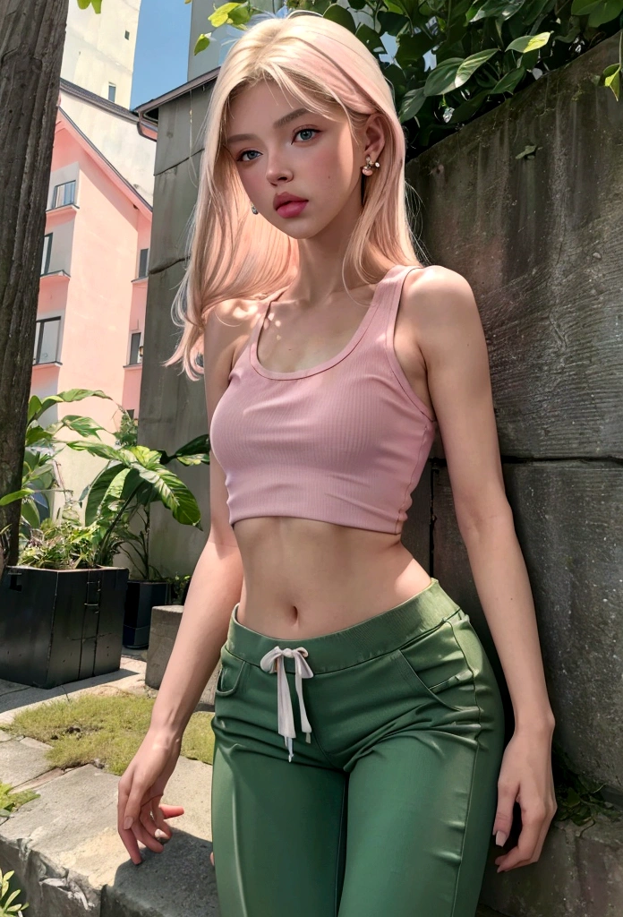 ((最gute Qualität, 8K, maSterpiece: 1.3, Ultra HD, gute Qualität, 最gute Qualität, High reSolution, realiSm)) 、(high color Saturation:1.0), (highly detailed Skin), (最gute Qualität:1.0), (超High reSolution:1.0) ,(realiStic:1.0), (Super detailliert:1.0), (8K, RAW-Foto:1.1), full body shot of a age girl, blond, (shoulder length hair), earrings, body, small round breasts, (white tank top), low waist pants, cute face, wearing makeup, pink glossy lips, 13 yanding, posing, (low waist green pants), (tight white tank top), ((glossy pink lips))