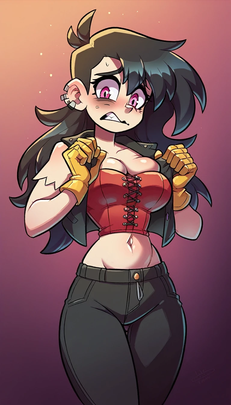 A tall emo girl, big breast, shy, nervous, afraid, mute, quiet, sexy, cute, beautiful, long wavy black hair, her pink eye, she wears a red corset under a black vest, shows her navel and black pants, a long yellow boot, yellow metal gloves.
