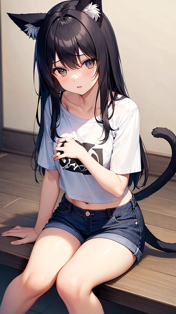 girl with cat ears and tail dark black hair short jeans. white cropped t-shirt .sitting with legs open .and hands on the floor