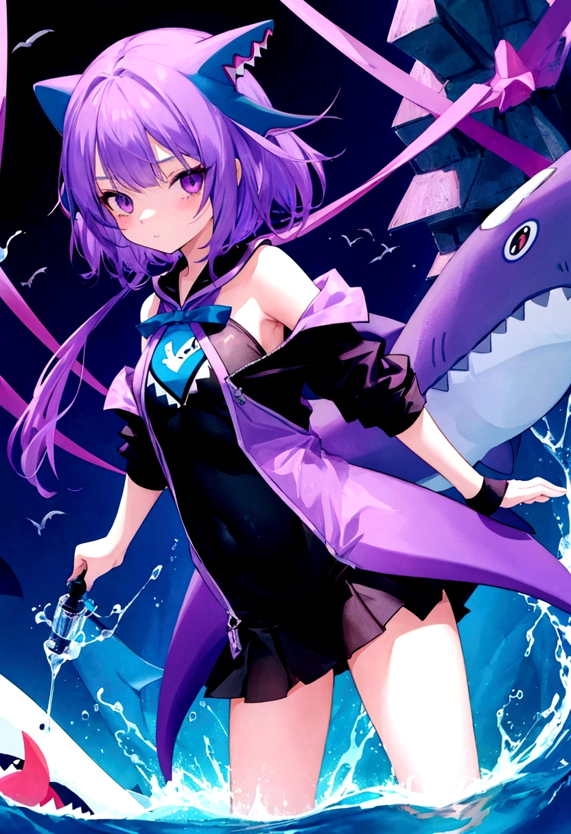 cute girl in full body shark costume, teenager, purple color, hime haircut, short body, shark eyes, stockings on legs