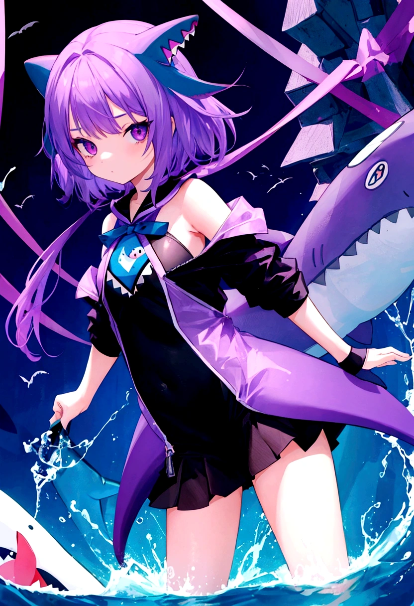 cute girl in full body shark costume, ager, purple color, hime haircut, short body, shark eyes, stockings on legs