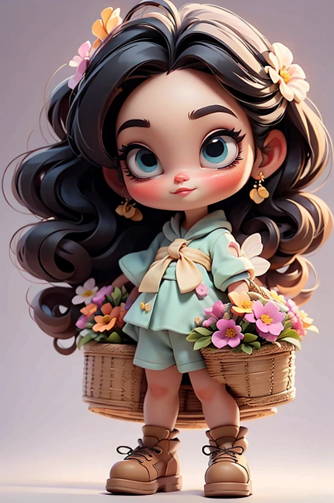 imagem de alta qualidade de uma boneca chibi Megan Fox: boneca chibi ,illustration,detalhes delicados,Pose encantadora,lovely expression,cores suaves,roupa bonita,cabelos intrincados,beautiful eyes and lips,melhor qualidade,ultra-detalhado,fotorrealista,vivid colors, solid background, profesional lighting, girly accessories, espressiva, headband flowers, blue eyes, ombre hair, long hair, basket of flowers in hands, lovely pose, black eyes, wearing a fairy outfit pastel colors glitter,, pink, and soft purple, exuberant, perfect, centered in the photo with a white background, nitid, fairy vibes, standing, pink flat shoes, vibrant, white background, black hair, hair blonde, black hair,
