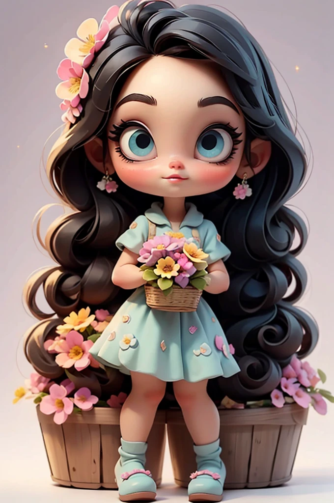 imagem de alta qualidade de uma boneca chibi Megan Fox: boneca chibi ,illustration,detalhes delicados,Pose encantadora,lovely expression,cores suaves,roupa bonita,cabelos intrincados,beautiful eyes and lips,melhor qualidade,ultra-detalhado,fotorrealista,vivid colors, solid background, profesional lighting, girly accessories, espressiva, headband flowers, blue eyes, ombre hair, long hair, basket of flowers in hands, lovely pose, black eyes, wearing a fairy outfit pastel colors glitter,, pink, and soft purple, exuberant, perfect, centered in the photo with a white background, nitid, fairy vibes, standing, pink flat shoes, vibrant, white background, black hair, hair blonde, black hair,
