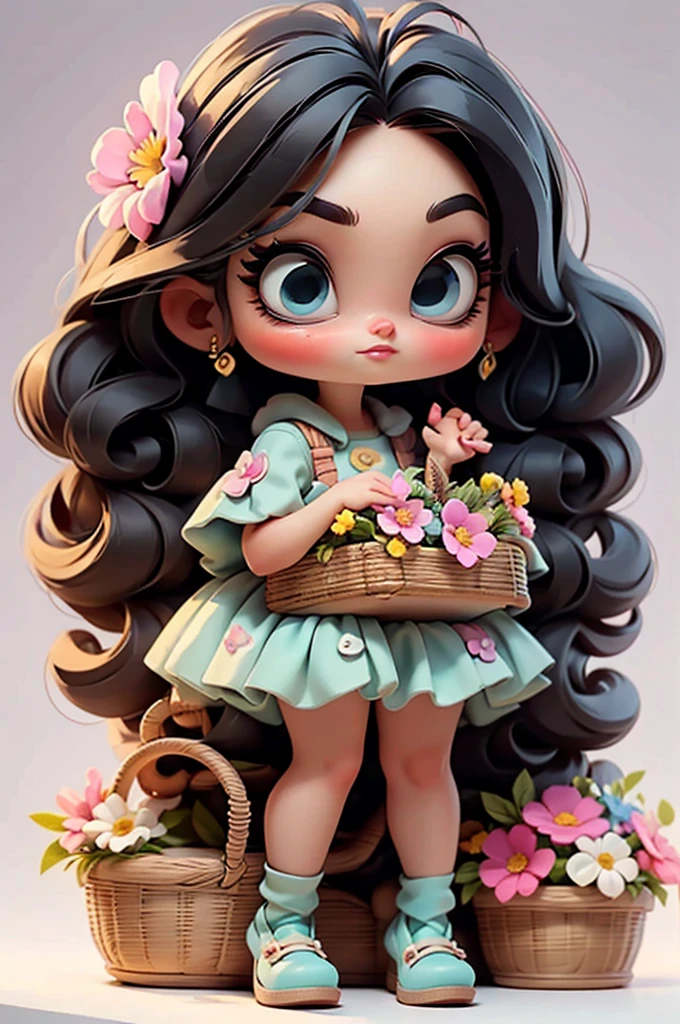 imagem de alta qualidade de uma boneca chibi Megan Fox: boneca chibi ,illustration,detalhes delicados,Pose encantadora,lovely expression,cores suaves,roupa bonita,cabelos intrincados,beautiful eyes and lips,melhor qualidade,ultra-detalhado,fotorrealista,vivid colors, solid background, profesional lighting, girly accessories, espressiva, headband flowers, blue eyes, ombre hair, long hair, basket of flowers in hands, lovely pose, black eyes, wearing a fairy outfit pastel colors glitter,, pink, and soft purple, exuberant, perfect, centered in the photo with a white background, nitid, fairy vibes, standing, pink flat shoes, vibrant, white background, black hair, hair blonde, black hair,
