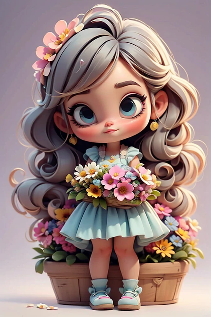 imagem de alta qualidade de uma boneca chibi Megan Fox: boneca chibi ,illustration,detalhes delicados,Pose encantadora,lovely expression,cores suaves,roupa bonita,cabelos intrincados,beautiful eyes and lips,melhor qualidade,ultra-detalhado,fotorrealista,vivid colors, solid background, profesional lighting, girly accessories, espressiva, headband flowers, blue eyes, ombre hair, long hair, basket of flowers in hands, lovely pose, black eyes, wearing a fairy outfit pastel colors glitter,, pink, and soft purple, exuberant, perfect, centered in the photo with a white background, nitid, fairy vibes, standing, pink flat shoes, vibrant, white background, black hair, hair blonde, black hair,
