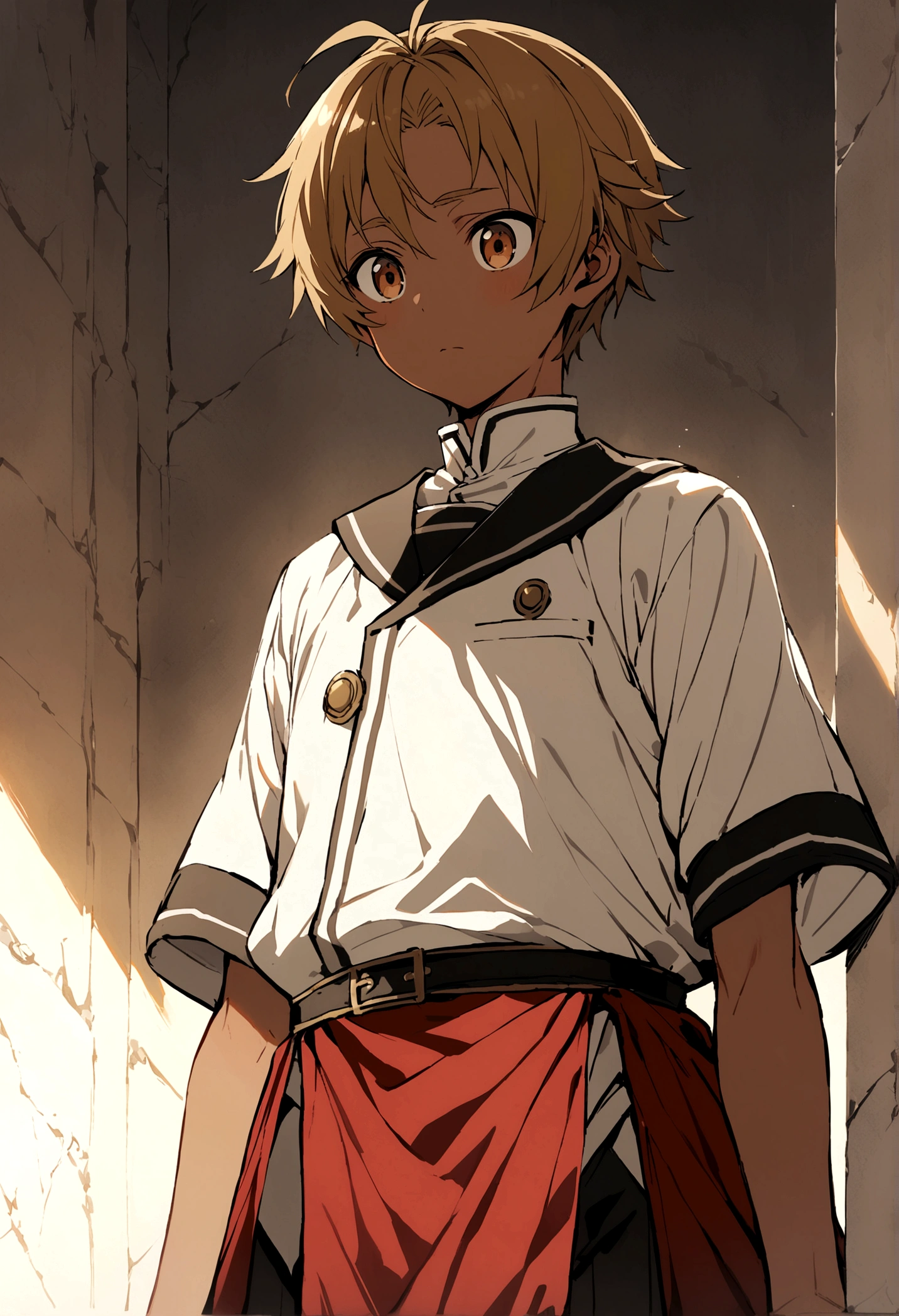 male rudeus greyrat boy from Mushoku tensei with dark skin
with original unifrom