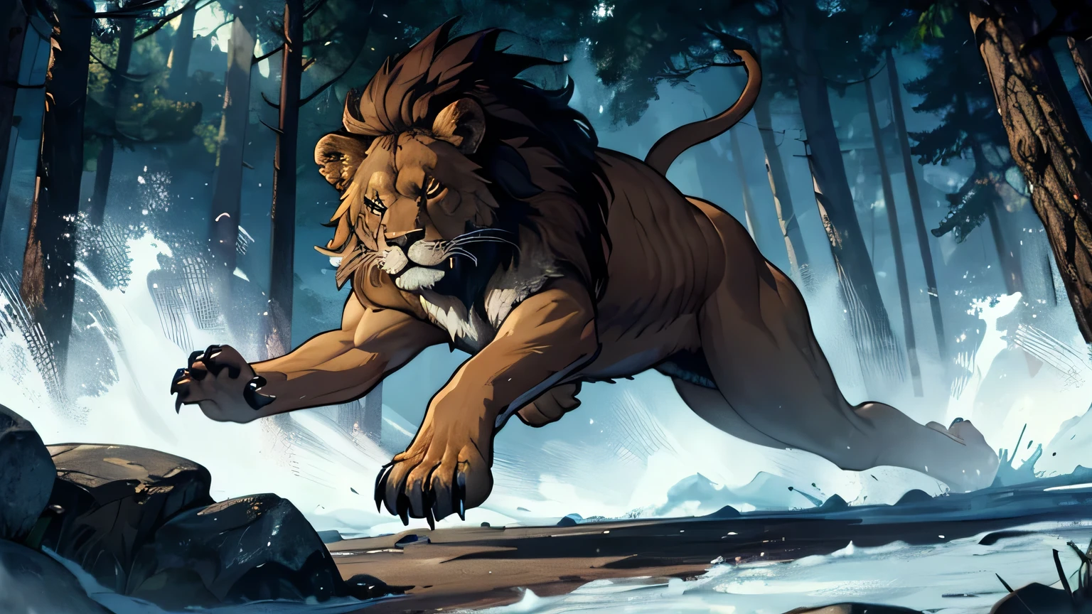 motion scene of lion paw with claws attacking in the air with violence, dark and mysterious forest background