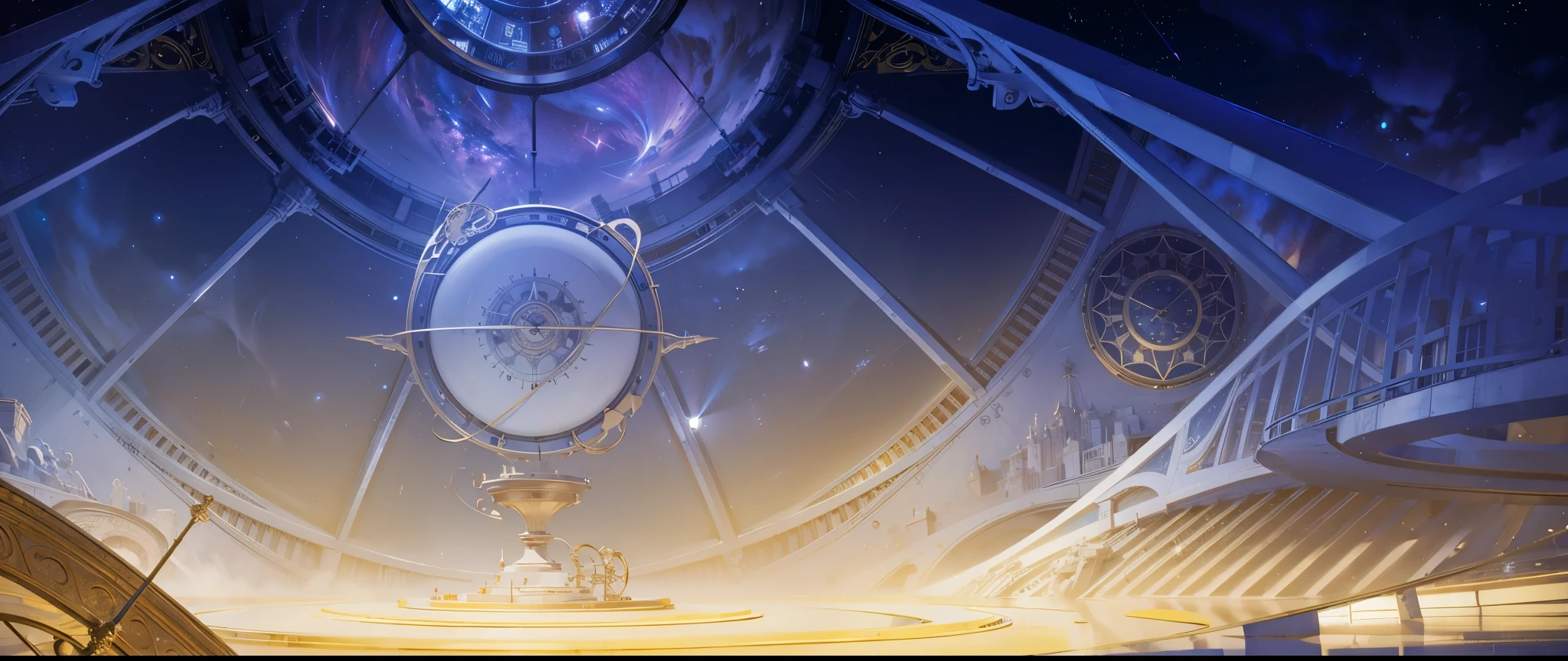 There is a clock on the ceiling of a building., Infinite Space Clock Background, Infinite Celestial Library, Alchemist's Library Background, background technologywork, Animation New Art Universe Display, Intricate sparkling atmosphere, background technology, Concept Art magical highlight, Kingdom of Light Background, Arena Background, anime background technology, astral background, Gorgeous border + Concept Art, Star Clocks