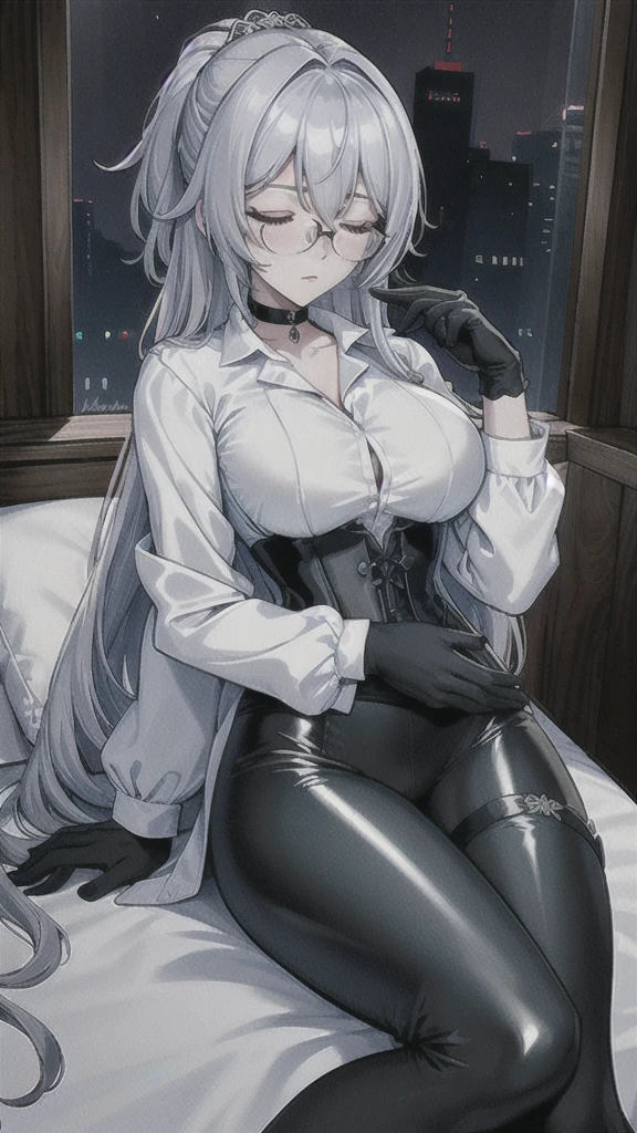 Masterpiece, Beautiful art, professional artist, 8k, art style by sciamano240, rostro de Bronya Zaychik, detailed body, Very detailed face, Closed eyes, Detailed clothing, detailed fabric, Best Quality, better resolution,  1 girl, View from above, lying on a bed, big breasts, sleeping expression, Closed eyes,  at night , silver hair, glasses, choker:1.6, (long sleeve white collar buttoned shirt), (shiny black corset), black gloves covering your hands, (shiny black leggings), looking at the viewer, elegant room, at night