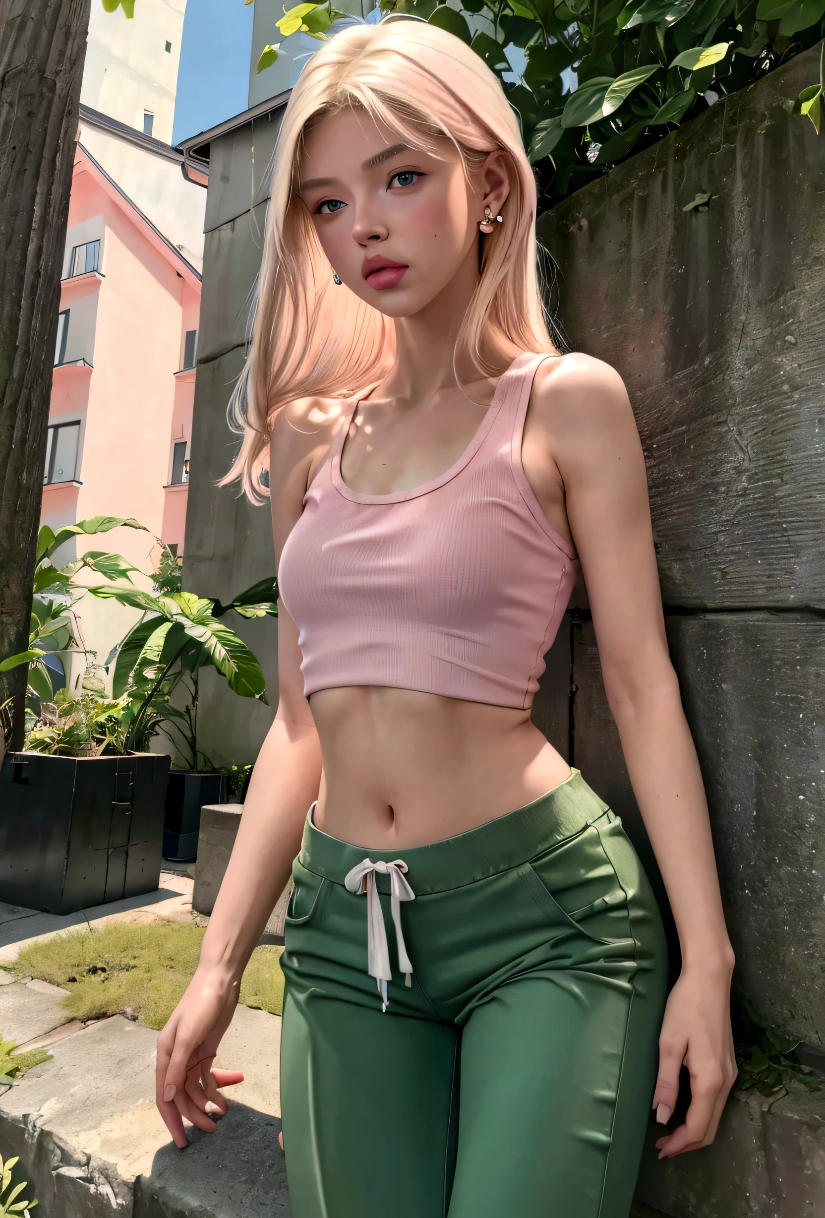 ((最gute Qualität, 8K, maSterpiece: 1.3, Ultra HD, gute Qualität, 最gute Qualität, High reSolution, realiSm)) 、(high color Saturation:1.0), (highly detailed Skin), (最gute Qualität:1.0), (超High reSolution:1.0) ,(realiStic:1.0), (Super detailliert:1.0), (8K, RAW-Foto:1.1), full body shot of a girl, blond, (shoulder length hair), earrings, body, small round breasts, (white tank top), low waist pants, cute face, wearing makeup, pink glossy lips, 13 yearing, posing, (low waist green pants), (tight white tank top), ((glossy pink lips))