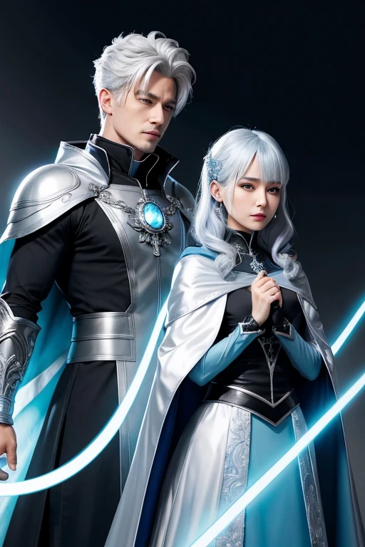 A woman with silver hair dressed in a light blue cloak along with a man with dark black powers