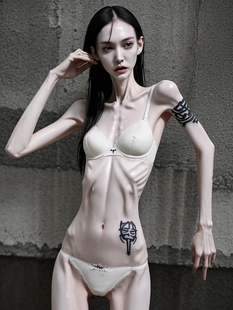 a woman, very thin body, body visible bones, very slender, sweaty wet body, pale white skin, panties, bra,tatto, full body, has a mental breakdown in an underground prison