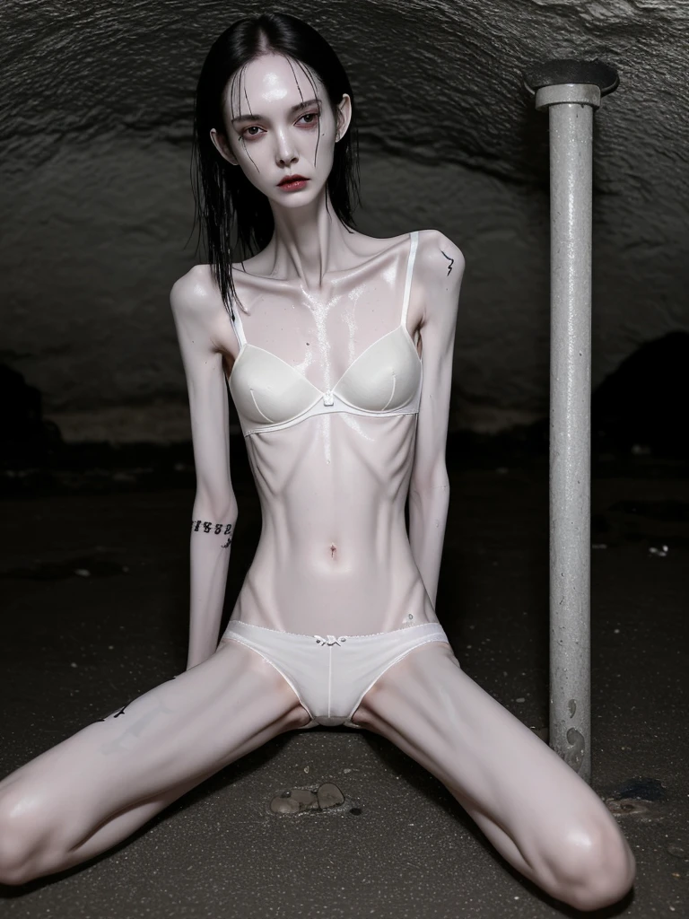 a woman, very thin body, body visible bones, very slender, sweaty wet body, pale white skin, panties, bra,tatto, full body, has a mental breakdown in an underground prison